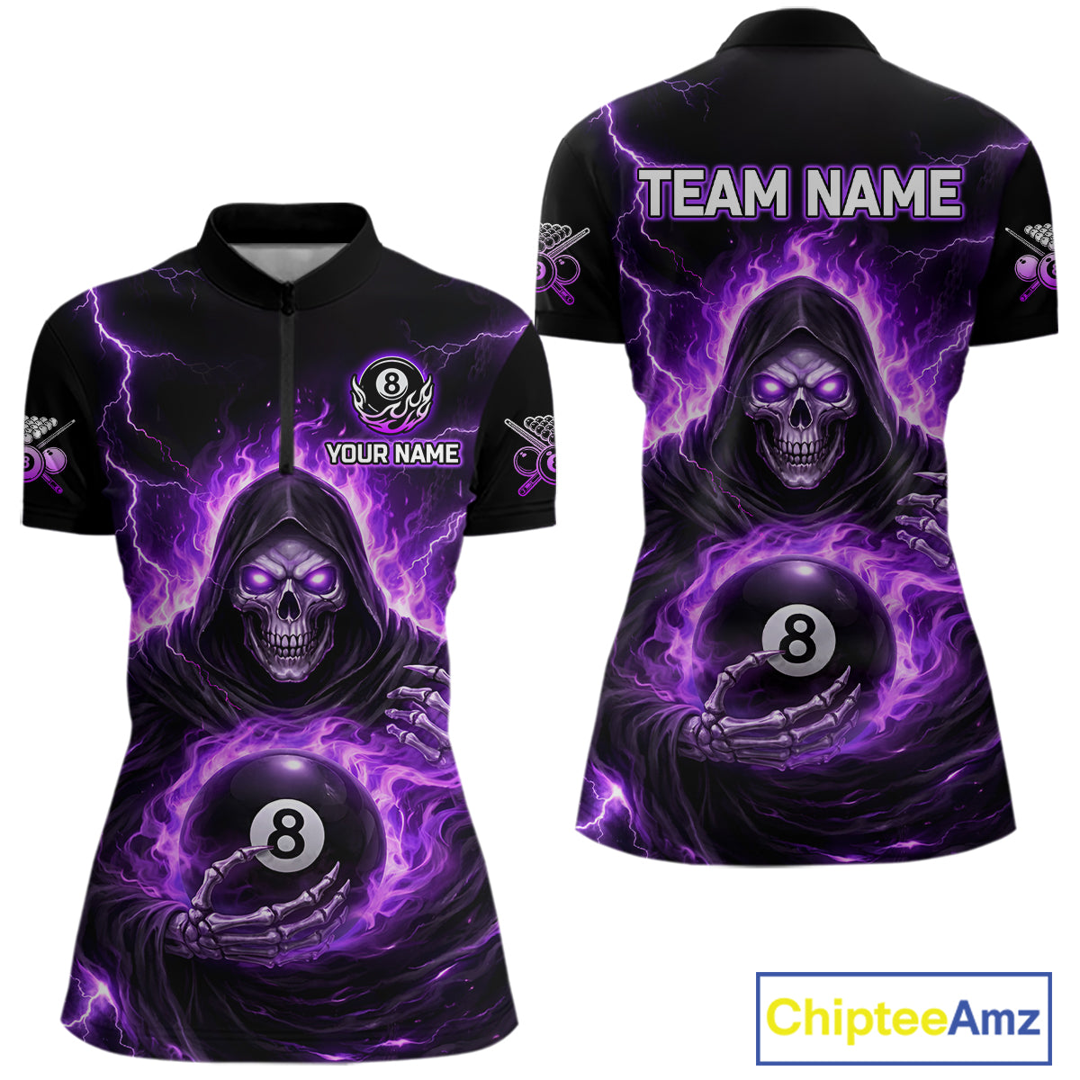 Fire Flame Grim Reaper Holding 8 Ball Pool Women  Polo & 1/4-Zip Shirt Personalized Billiard Gifts NYN2434
