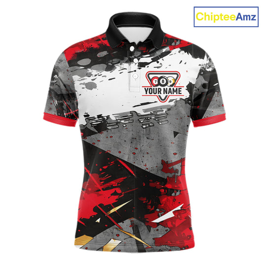 Black, White And Red Grunge Paint Billiard Pool Shirts For Men Custom 8 Ball Billiard Team Attire NYN3019