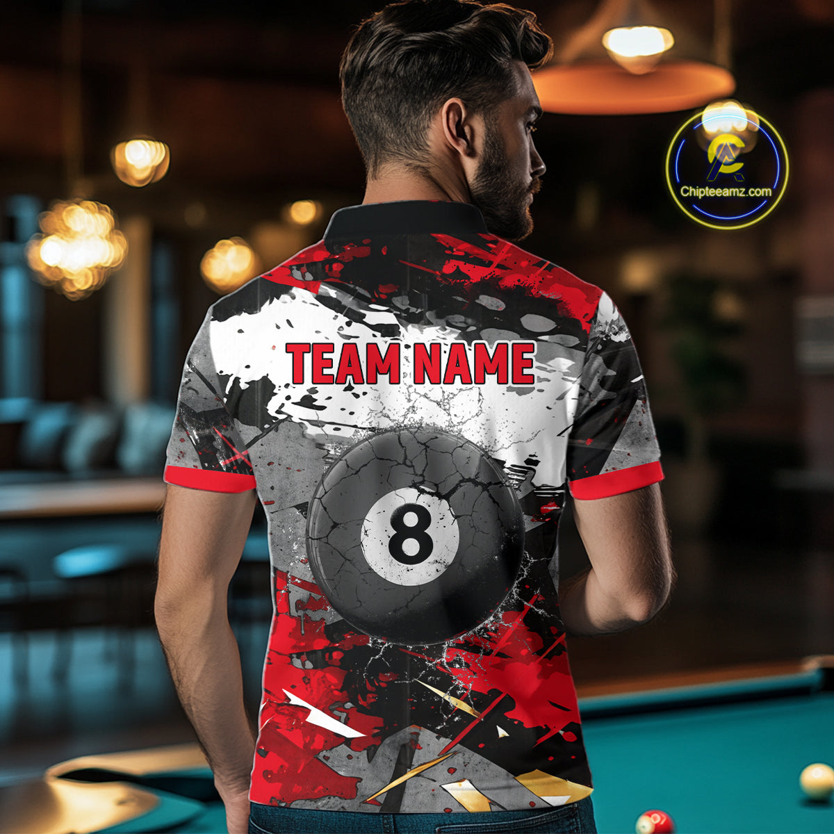 Black, White And Red Grunge Paint Billiard Pool Shirts For Men Custom 8 Ball Billiard Team Attire NYN3019