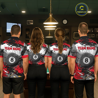 Black, White And Red Grunge Paint Billiard Pool Shirts For Women Custom 8 Ball Billiard Team Attire NYN3019