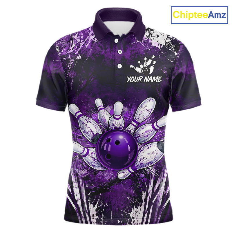 Men's white purple splatter paint bowling ball polo shirt custom bowling jersey mockup