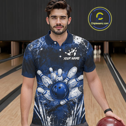 Men's white blue splatter bowling ball quarter zip bowling shirt mockup