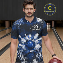 Load image into Gallery viewer, Men's white blue splatter bowling ball quarter zip bowling shirt mockup