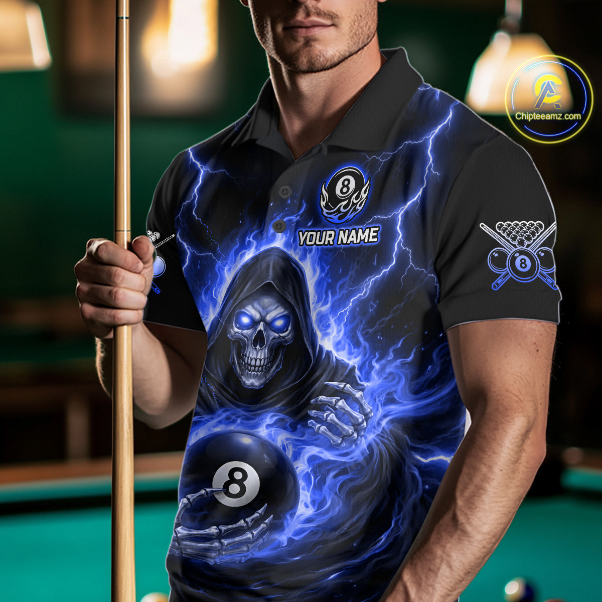 Blue Flames Grim Reaper Holding 8 Ball Pool Men Polo & 1/4-Zip Shirt Personalized Billiard Gifts NYN2661