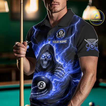 Blue Flames Grim Reaper Holding 8 Ball Pool Men Polo & 1/4-Zip Shirt Personalized Billiard Gifts NYN2661