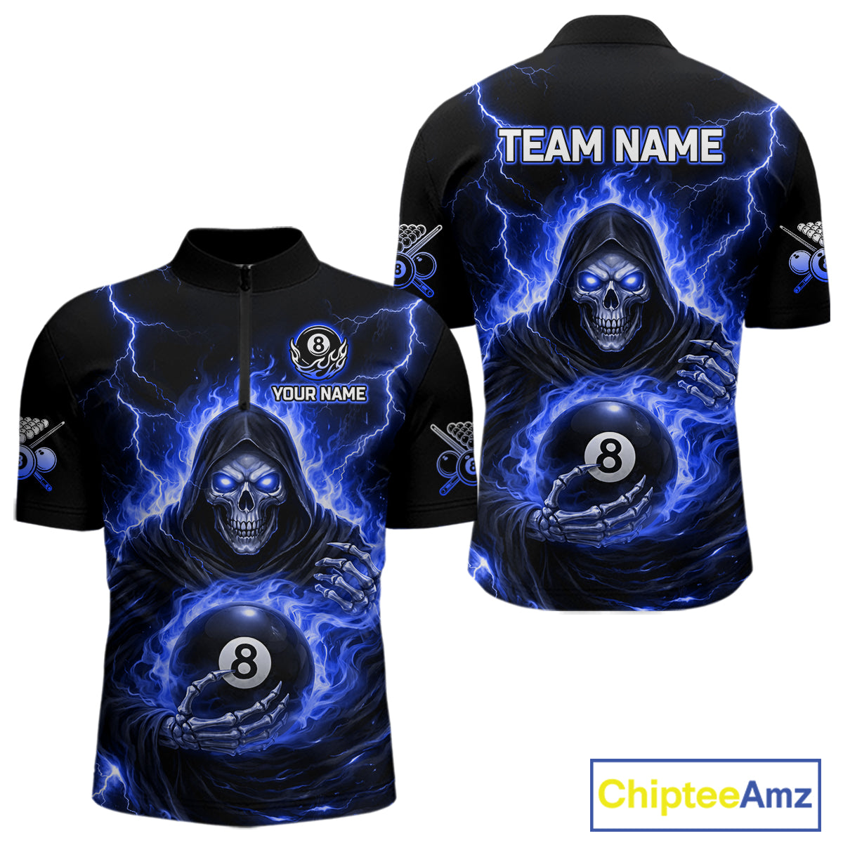 Blue Flames Grim Reaper Holding 8 Ball Pool Men Polo & 1/4-Zip Shirt Personalized Billiard Gifts NYN2661