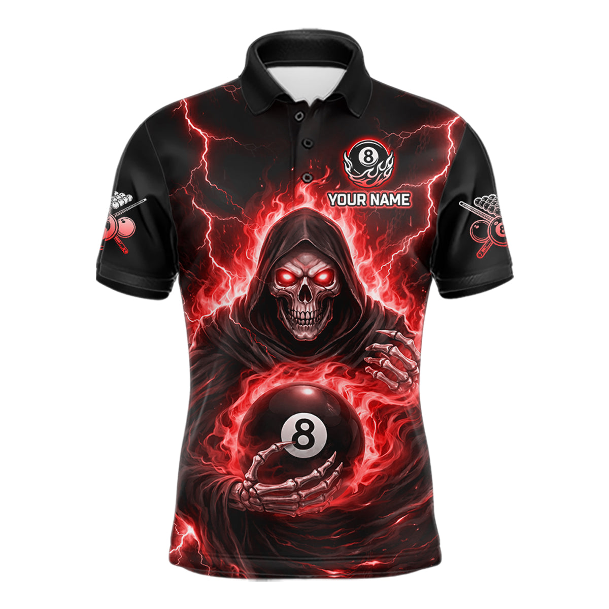 Red Flames Grim Reaper Holding 8 Ball Pool Men Polo & 1/4-Zip Shirt Personalized Billiard Gifts NYN2662