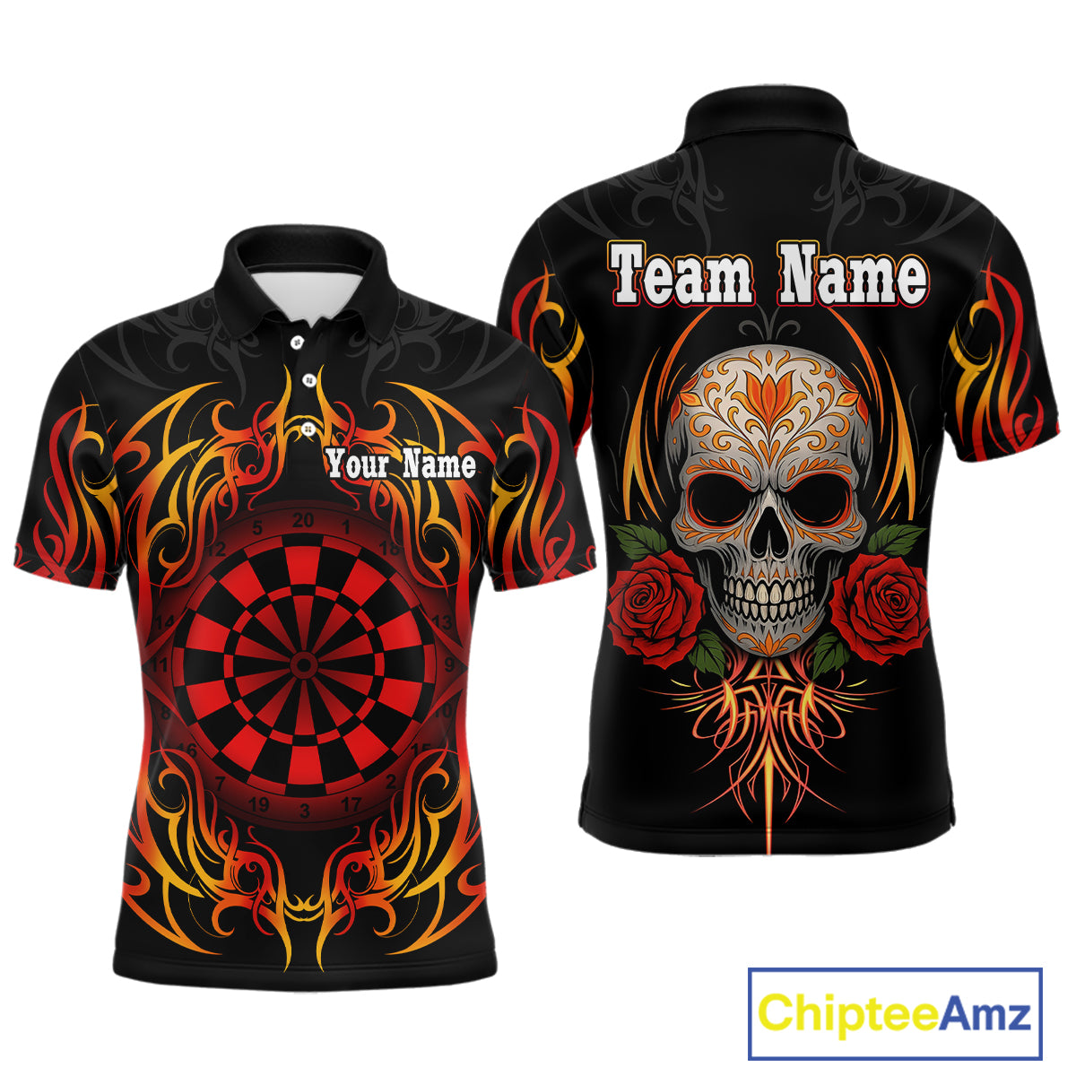 Men's Custom Darts Shirt With Roses Skull Polynesian Pattern And Red Dartboard NYN0254