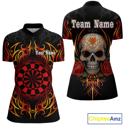 Women's Custom Darts Shirt With Roses Skull Polynesian Pattern And Red Dartboard NYN0254