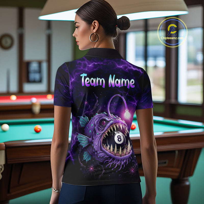 Female model wearing Purple Thunder Anglerfish billiard polo featuring personalized 8 Ball tournament jersey, professional cue sports apparel, deep-sea fantasy artwork, athletic performance clothing for APA, BCA and VNEA competitions