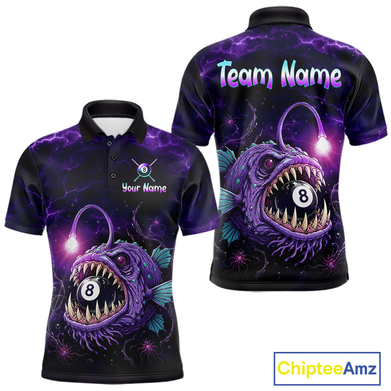 Custom Name Anglerfish men's billiard polo featuring Purple Thunder artwork, personalized 8 Ball billiard jersey, custom cue sports tournament apparel, APA pool league performance shirt, breathable athletic team uniform inspired by deep-sea predators