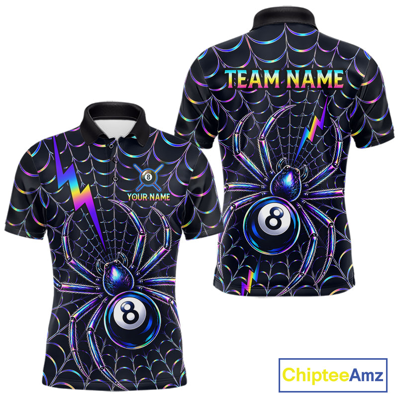 Rainbow Neon Web men's billiard polo featuring neon spider graphics, personalized 8 Ball cue sports jersey, custom pool tournament apparel, championship performance clothing with vibrant artistic design