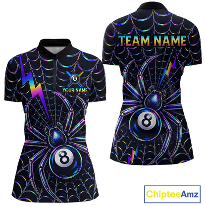 Rainbow Neon Web women's quarter-zip billiard jersey featuring colorful spider web artwork, personalized pool league tournament shirt, premium cue sports apparel, lightweight performance athletic uniform