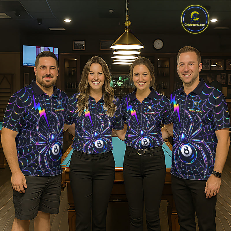 Matching Rainbow Neon Spider billiard jerseys for men and women featuring colorful neon spider web artwork symbolizing creativity, patience, precision and strategic thinking, appealing to Halloween lovers, tattoo enthusiasts, gamers, comic fans, fantasy art collectors, esports communities and competitive cue sports teams