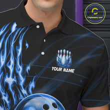 Load image into Gallery viewer, Male model wearing blue water flame bowling ball and pins shirt custom bowling team jersey for league bowlers