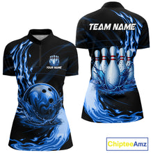 Load image into Gallery viewer, Women's blue water flame bowling ball and pins quarter zip shirt mockup custom bowling team jersey
