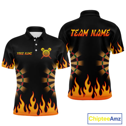 Men's Personalized Darts Shirt With Black Flame Pattern And Fiery Dartboard NYN0265