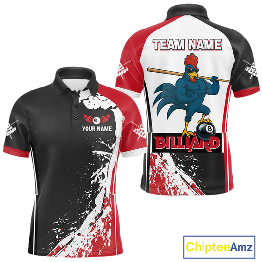 Funny Rooster Play Pool 8 Ball Men's Billiard Shirt Custom Billiard Polo & 1/4 Zip Attire|Red NYN2478