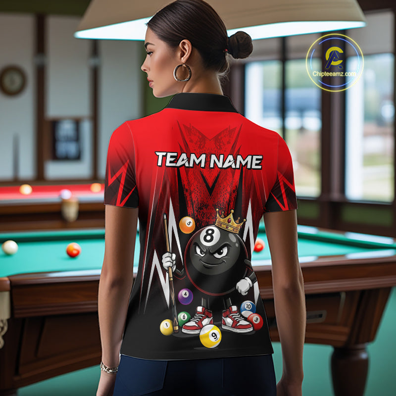 Black & Red Funny Crown 8 Ball Billiard Shirt For Women Custom 8 Ball Pool Polo & 1/4 Zip Jersey NYN3787