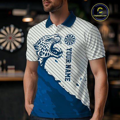 Personalized White And Blue Striped Leopard Darts Polo Shirts For Men Dart Team Jerseys NYN2198