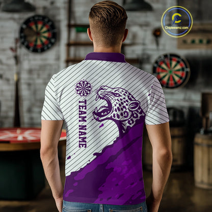 Personalized White And Purple Striped Leopard Darts Polo Shirts For Men Dart Team Jerseys NYN2199