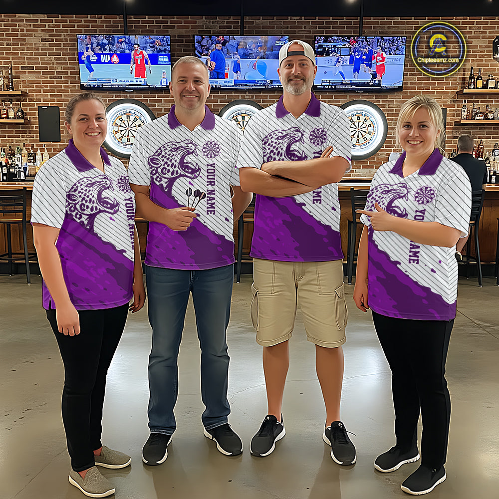 Personalized White And Purple Striped Leopard Darts Polo Shirts For Women Dart Team Jerseys NYN2199