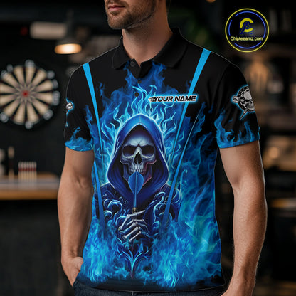 Personalized Blue Flaming Grim Reaper Men Darts Polo League Shirts Outfits Dart Jerseys NYN2208