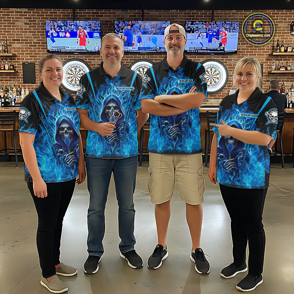 Custom Blue Fire Flaming Skull Dartboard Women Darts Polo League Shirts Outfits Dart Jerseys NYN2207