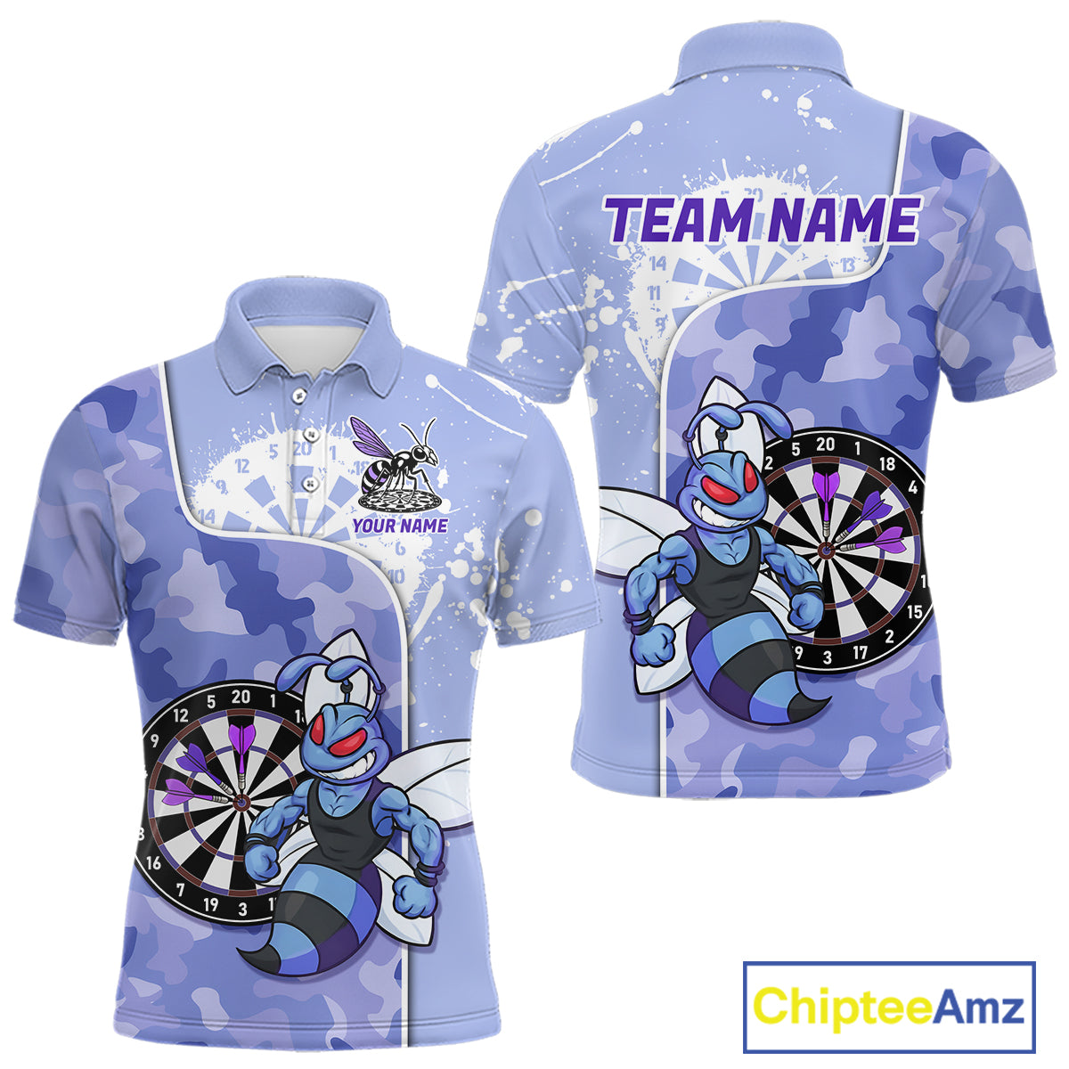 Custom Funny Bee Purple Camouflage Men Darts Polo League Shirts Splatter Dart Jerseys NYN2210