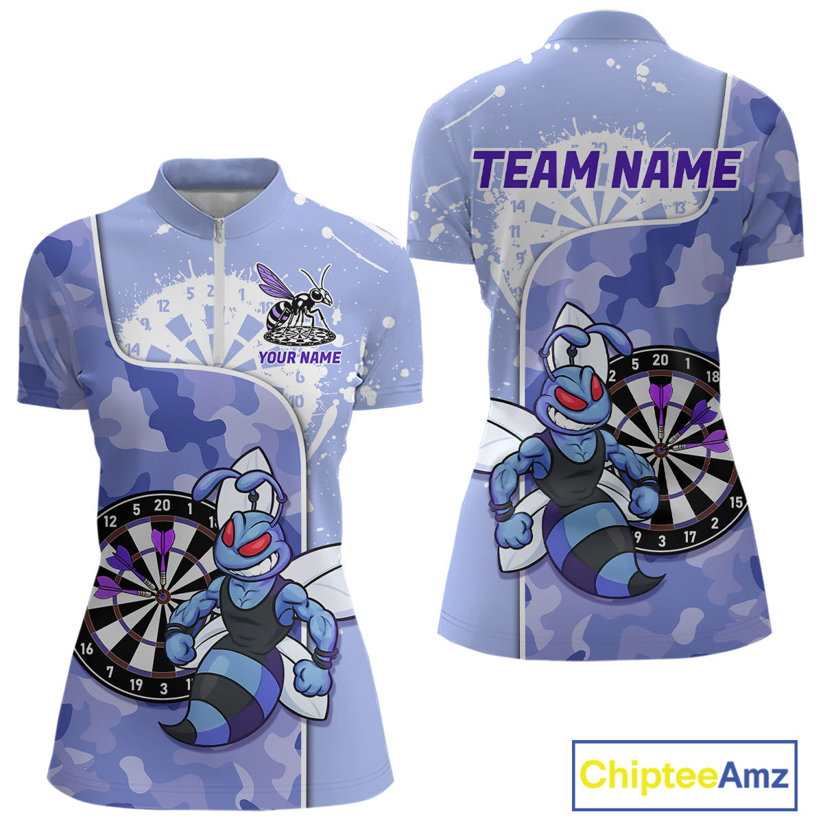Custom Funny Bee Purple Camouflage Women Darts Quarter-Zip League Shirts Splatter Dart Jerseys NYN2210