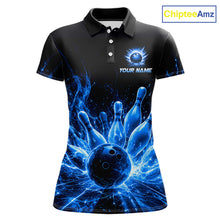 Load image into Gallery viewer, Blue Flames Bowling Ball and Pins women's bowling polo shirt custom thunder lightning bowling team jersey
