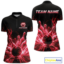 Load image into Gallery viewer, Red Flames Bowling Ball and Pins women's quarter zip bowling shirt custom bowling league apparel