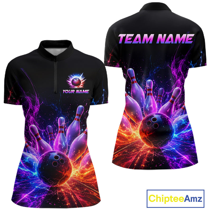 Colorful Flames Bowling Ball and Pins women's quarter zip bowling shirt personalized bowling uniform