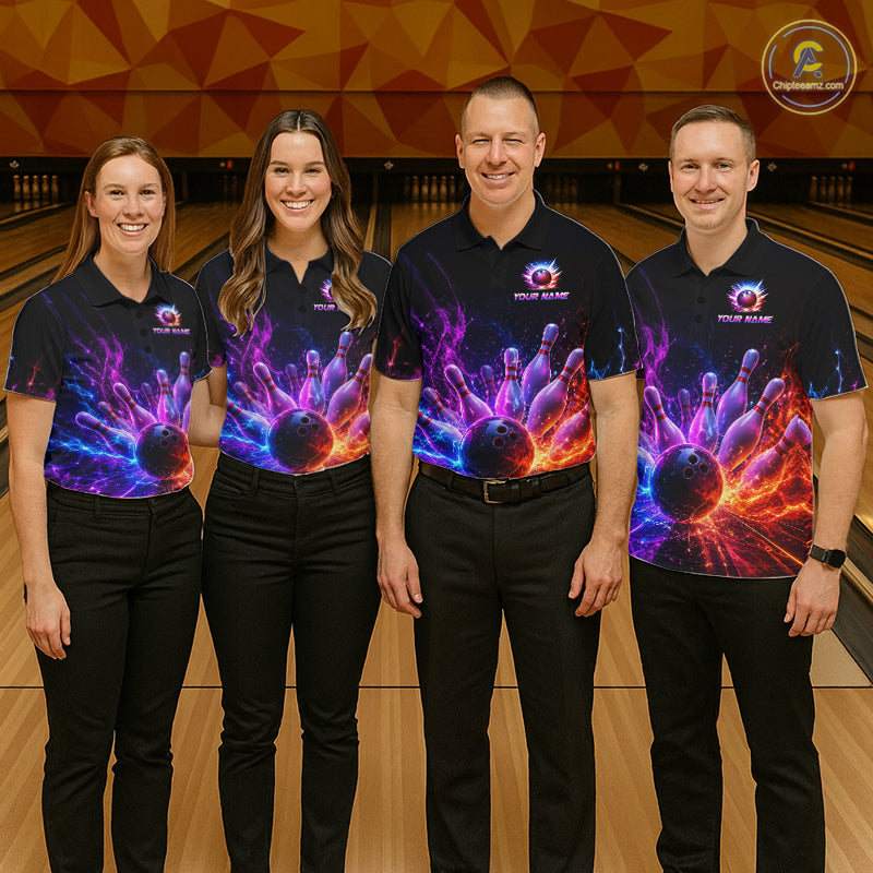 Men women bowling team wearing Colorful Flames custom bowling uniforms and league bowling jerseys