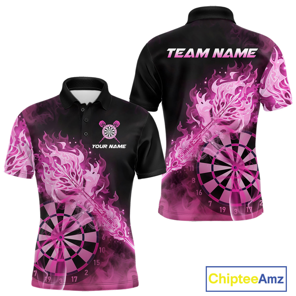 Custom Smoke Pink Fire Flaming Dart Arrow Men Darts Polo League Shirts Dart Team Jerseys NYN2213