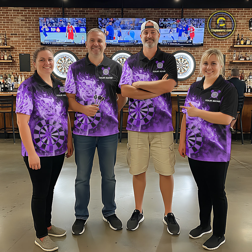 Custom Smoke Purple Fire Flaming Dart Arrow Women Darts Polo League Shirts Dart Team Jerseys NYN2214