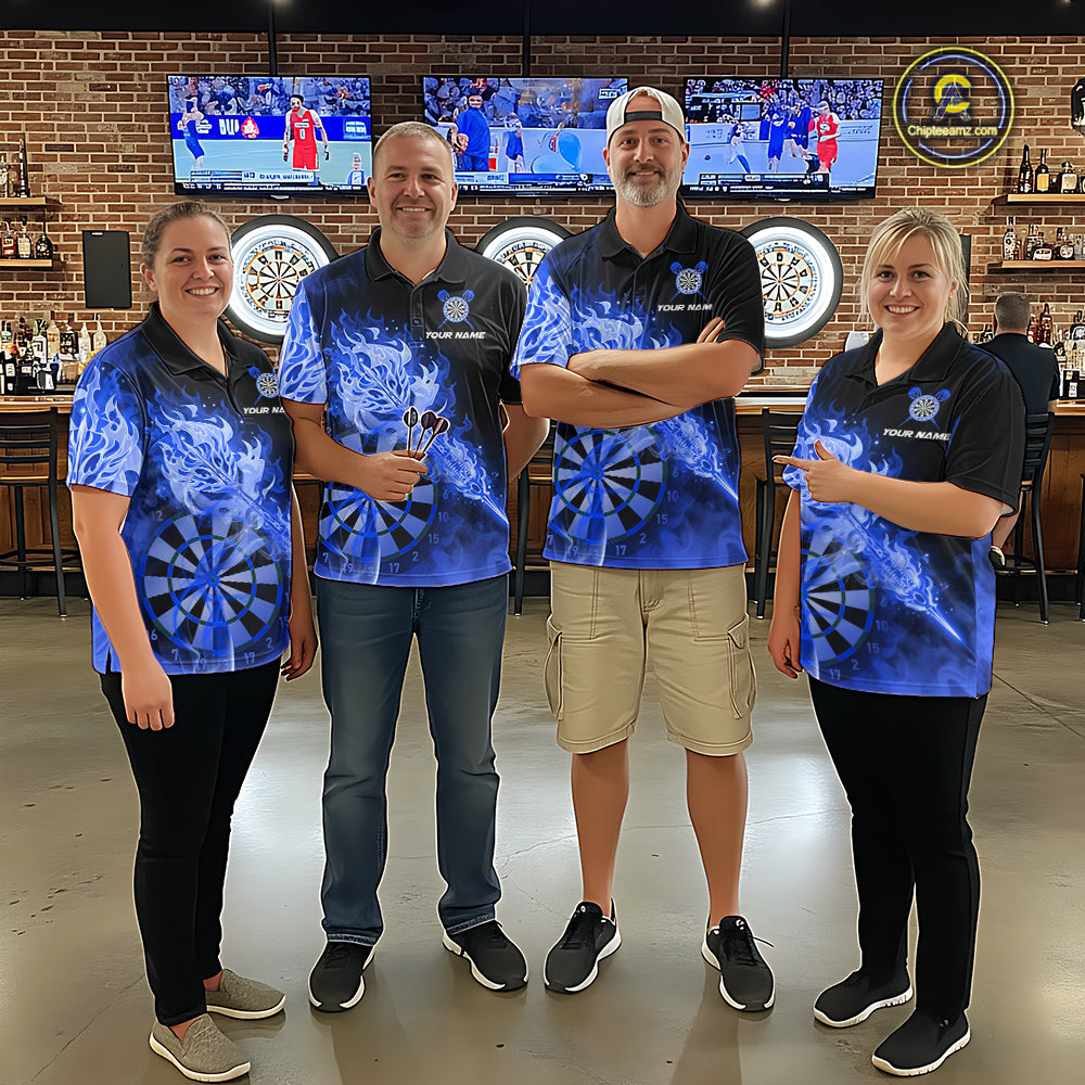 Custom Smoke Blue Fire Flaming Dart Arrow Women Darts Polo League Shirts Dart Team Jerseys NYN2215