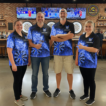 Custom Smoke Blue Fire Flaming Dart Arrow Women Darts Polo League Shirts Dart Team Jerseys NYN2215