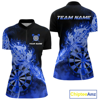 Custom Smoke Blue Fire Flaming Dart Arrow Women Darts Quarter-Zip League Shirts Dart Team Jerseys NYN2215