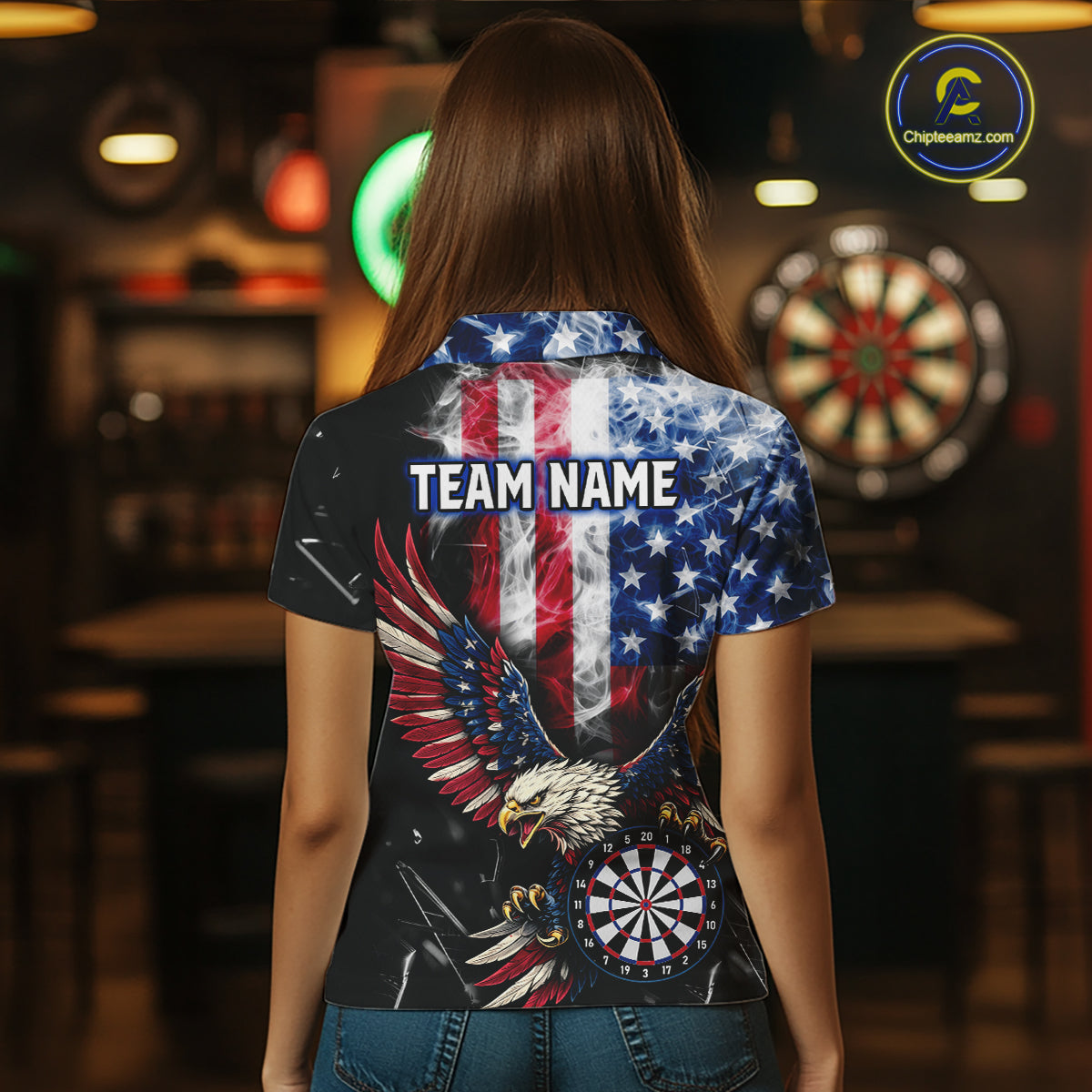 Smoking US Flag & Eagle Dartboard Women Darts Polo Shirt Custom Patriotic Dart Team Jerseys NYN2511