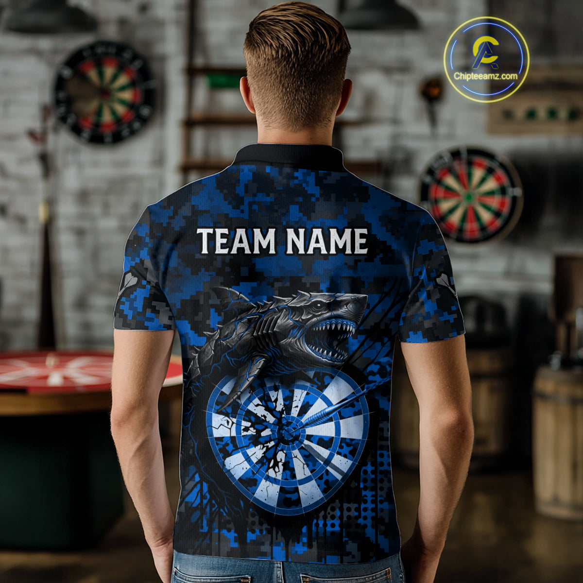 Custom Blue Digital Camo Dartboard Horror Shark Darts Polo Shirt For Men Dart Gifts NYN1966