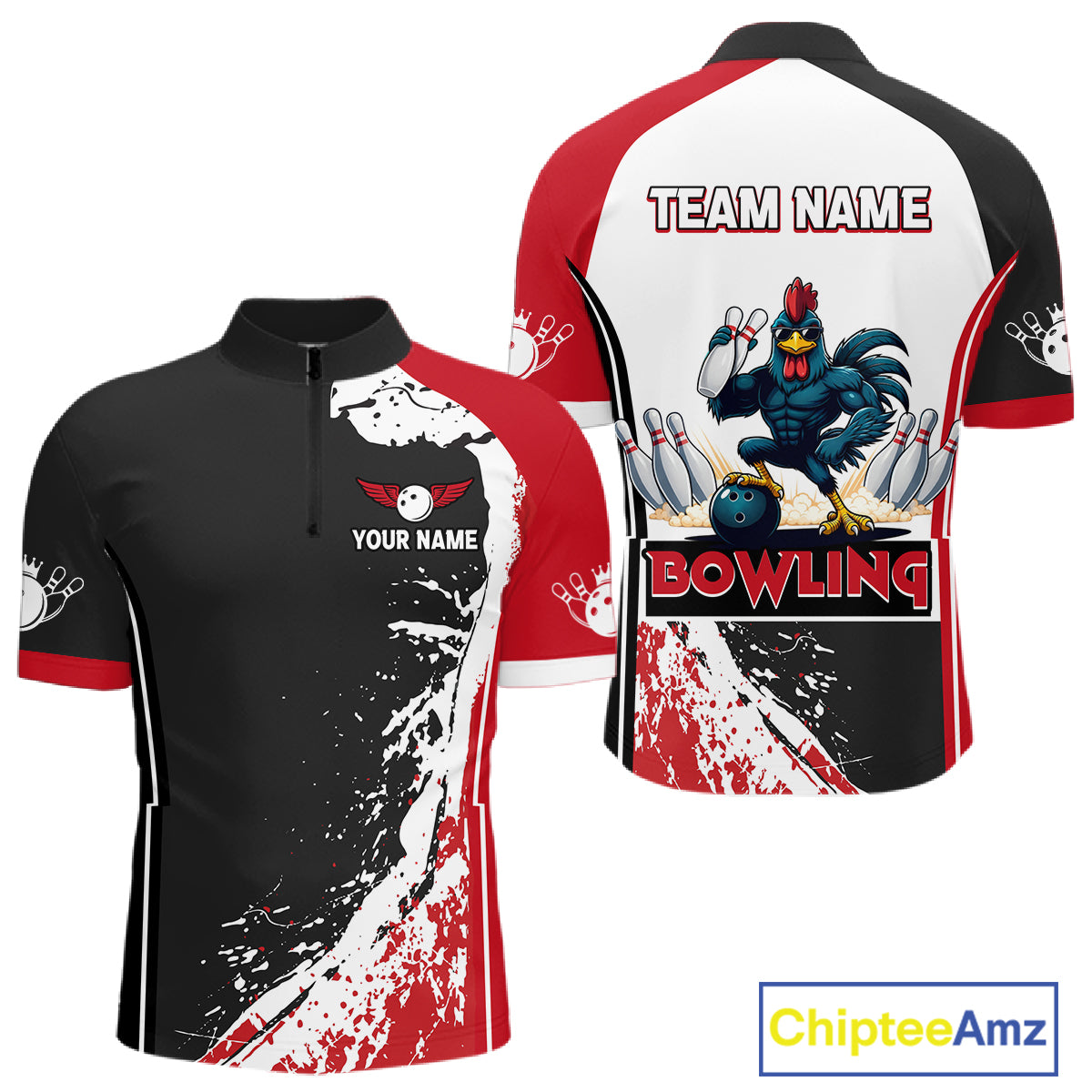 Personalized Funny Rooster Bowling Polo & 1/4-Zip Shirts For Men Splatter Bowling Team Jersey NYN2725