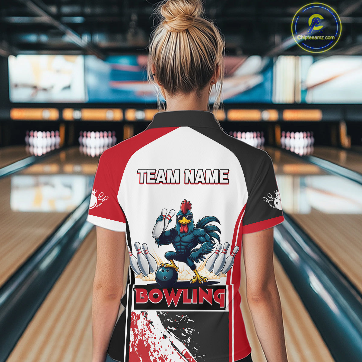 Personalized Funny Rooster Bowling Polo & 1/4-Zip Shirts For Women Splatter Bowling Team Jersey NYN2725
