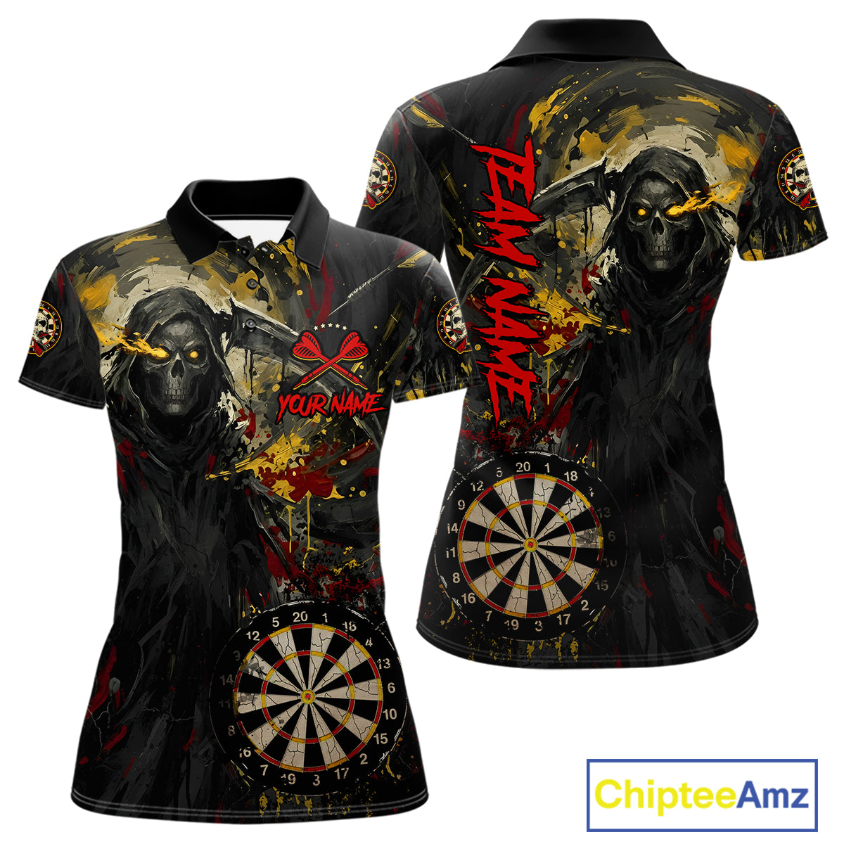 Custom Red Yellow Splatter Grim Reaper Men Darts Polo Shirt Cracked Dart Jerseys NYN1980