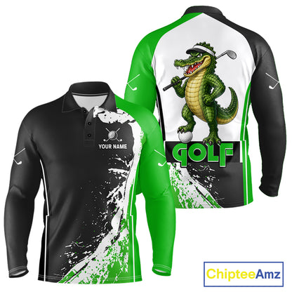 Funny Alligator Men's Golf Polo Shirt mockup featuring green splatter alligator design, personalized golf apparel, custom golf team polo, wildlife golf clothing.