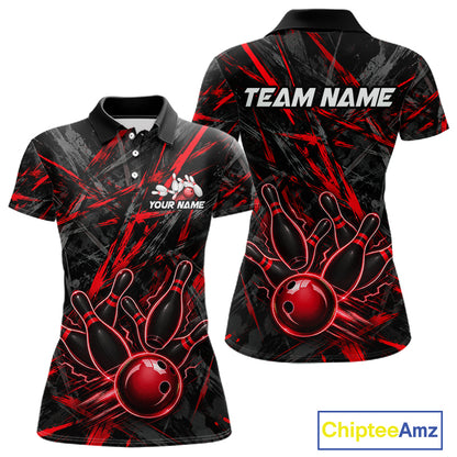 Black And Red Strikes Grunge Bowling Polo & 1/4-Zip Shirt For Women Custom Thunder Bowling Team Jersey NYN3268