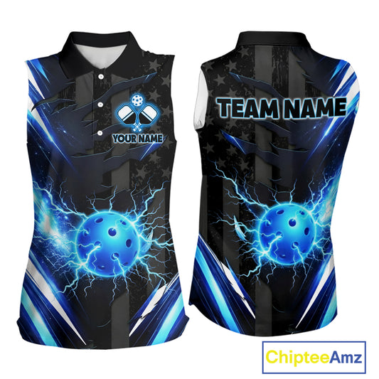 Custom Lightning Blue Patriotic Pickleball Sleeveless Polo For Women, US Flag Pickleball Team Outfit NYN3109