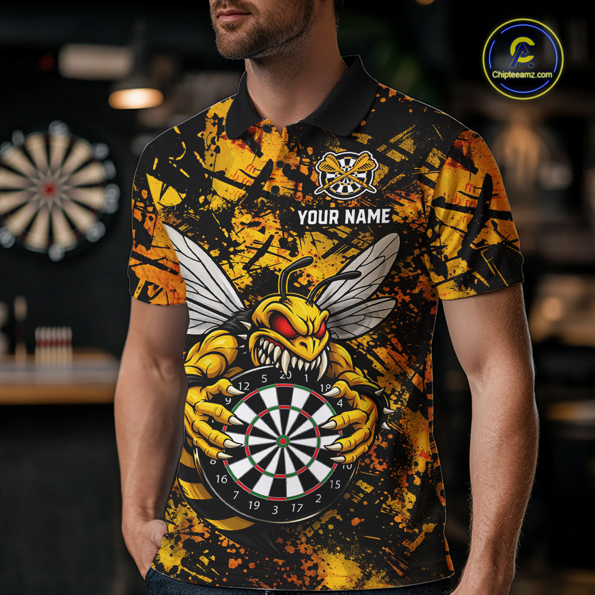 Yellow Black Grunge Bee Darts Shirt Custom Name Darts Shirts For Men Funny Darts Team Jerseys NYN2898
