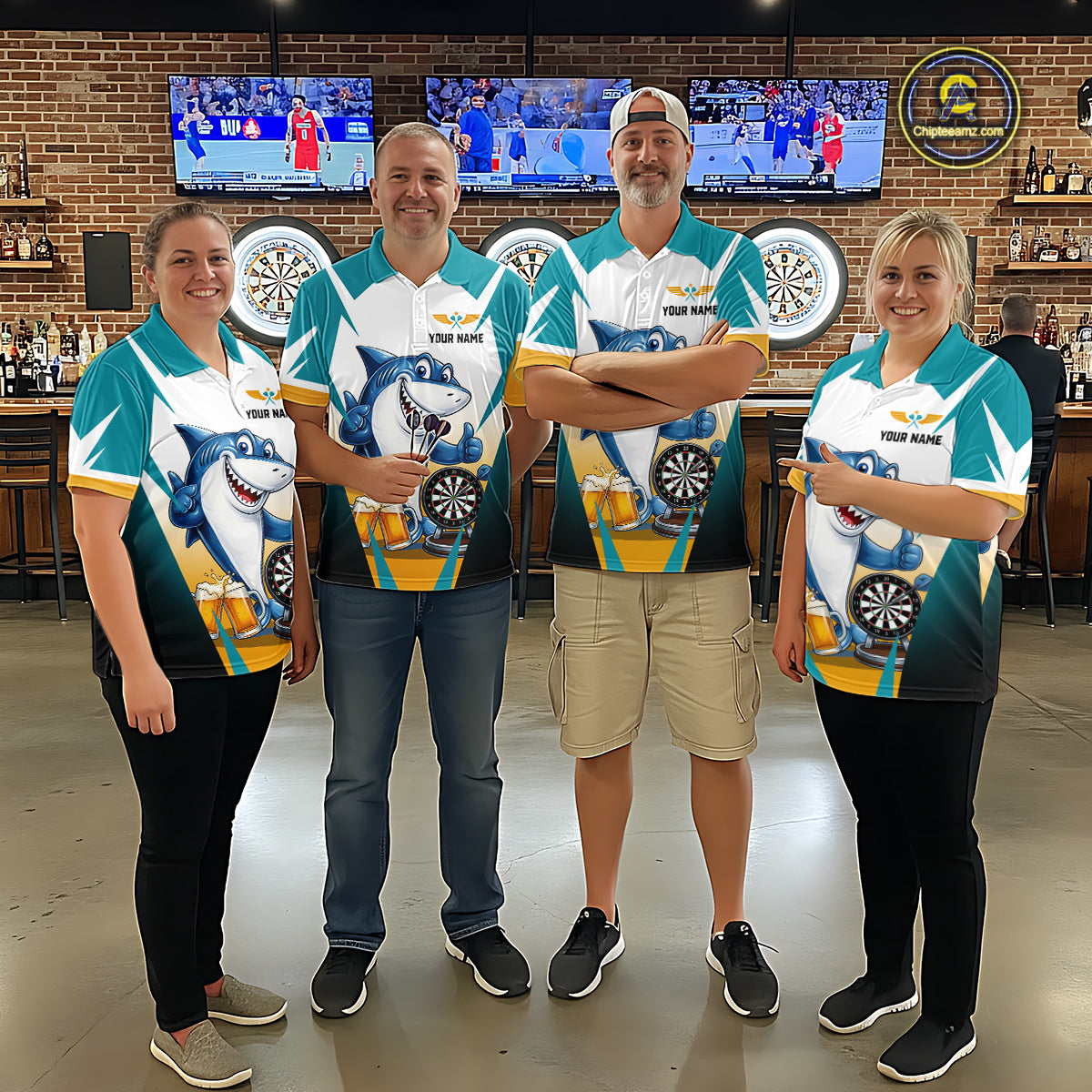 Custom Funny Shark And Cheer Beers Darts Polo & 1/4-Zip For Men Colorful Outfit Dart Team Attire NYN2904