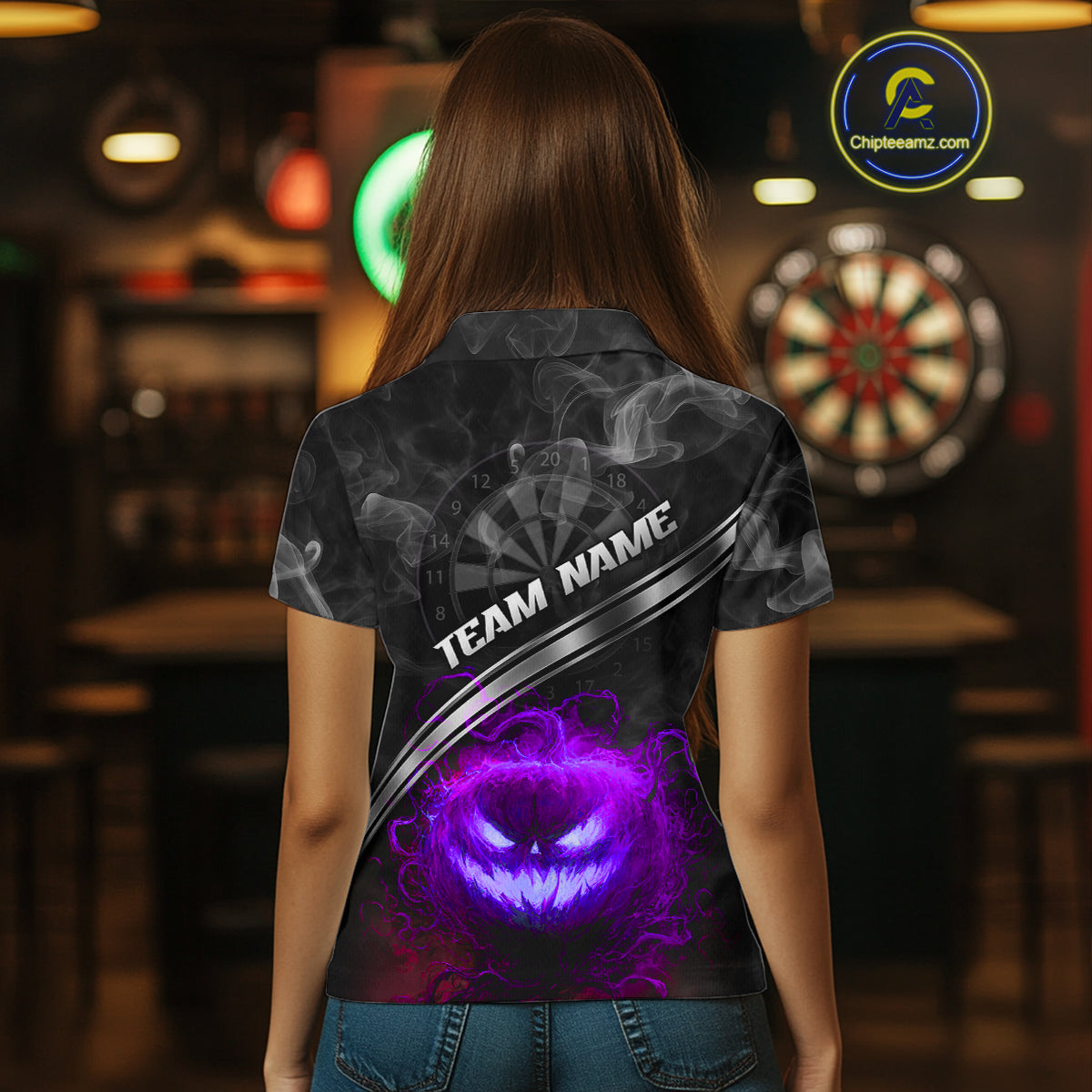 Halloween Women Darts Shirt Personalized Purple Pumpkin Dartboard, Halloween Dart Jerseys NYN1166